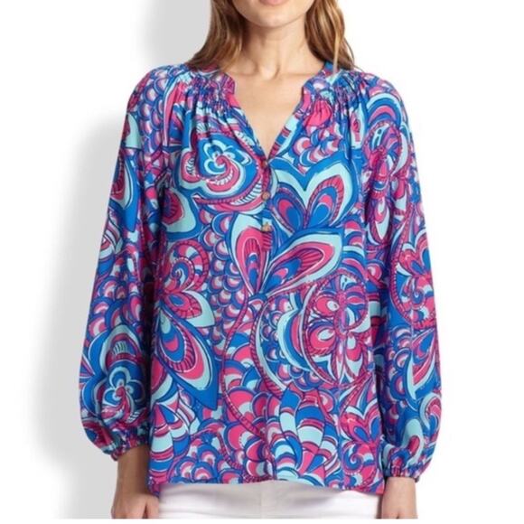 Lilly Pulitzer Elsa Blouse Top in Reel Me In 100% Silk Mermaid Core Vacation Sm - Picture 12 of 12